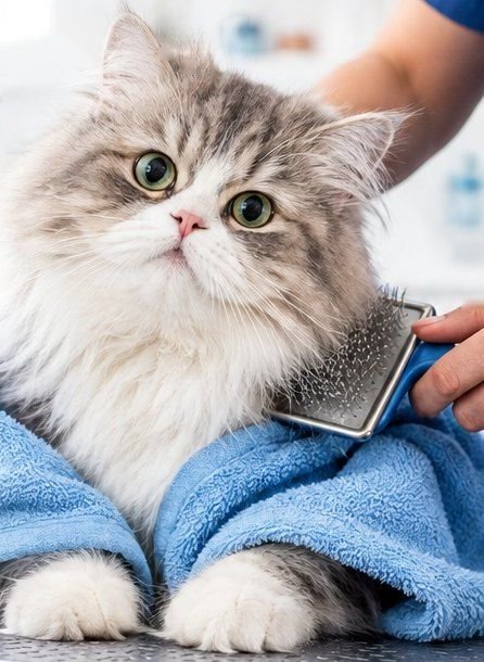 A fluffy grey and white cat wrapped in a blue towel being brushed